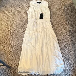 White House Black Market Cream Sleeveless Button-Front Belted Midi Dress